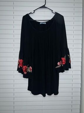 Cure Black Blouse with Red Rose Embroidery and Bell Sleeves